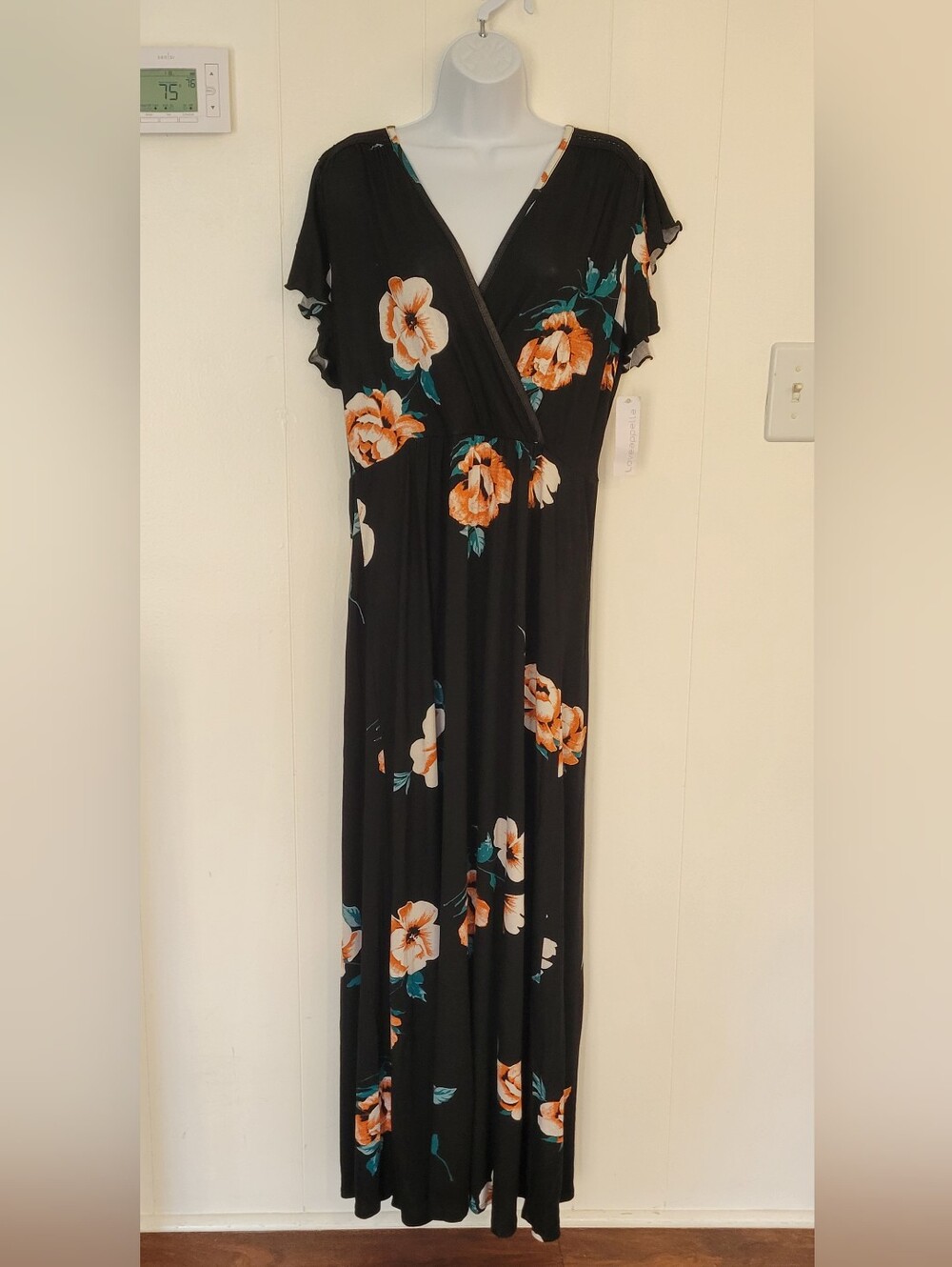 Loveappella Black Maxi Dress with Orange Floral Print